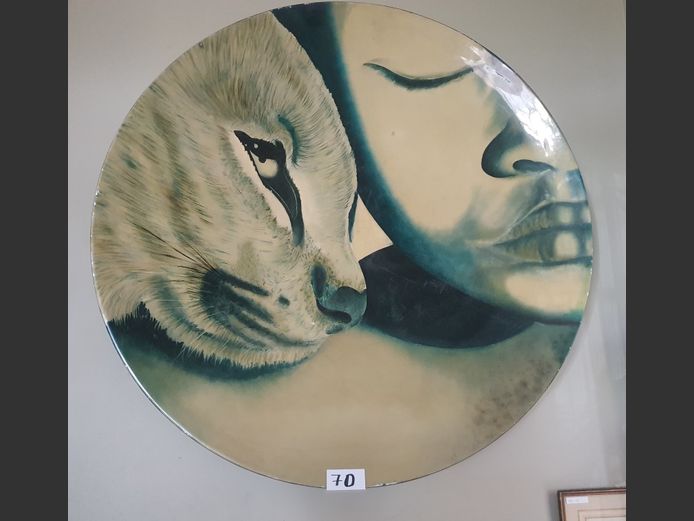 GLASS FIBRE HAND-PAINTED DECORATIVE WALL PLATE "FACES", 100cm Diameter