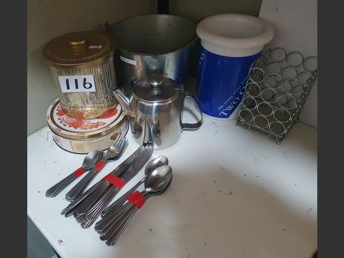LOT: WINE COOLER, ICE BUCKET, STAINLESS STEEL TEAPOT, etc