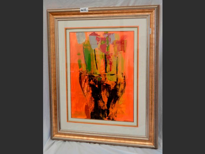 LARGE GILT FRAMED ABSTRACT OIL ON BOARD, "FLOWERS IN VASE", 76 x 55cm