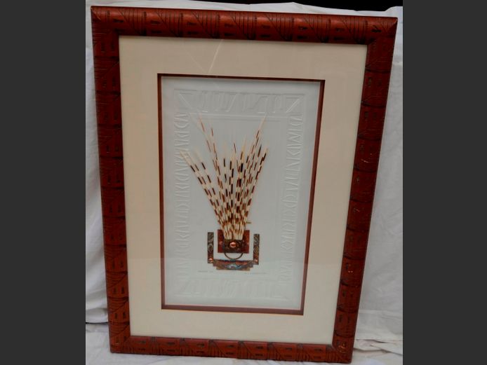 FRAMED PORCUPINE QUILL, COPPER & BRASS ARTWORK, PENCIL SIGNED SL STUDIOS '98, TITLED INUNGU & NUMBERED 6/2, 103 x 74cm