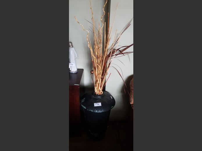 BLACK PAINTED CONCRETE POT WITH DECORATIVE STICKS