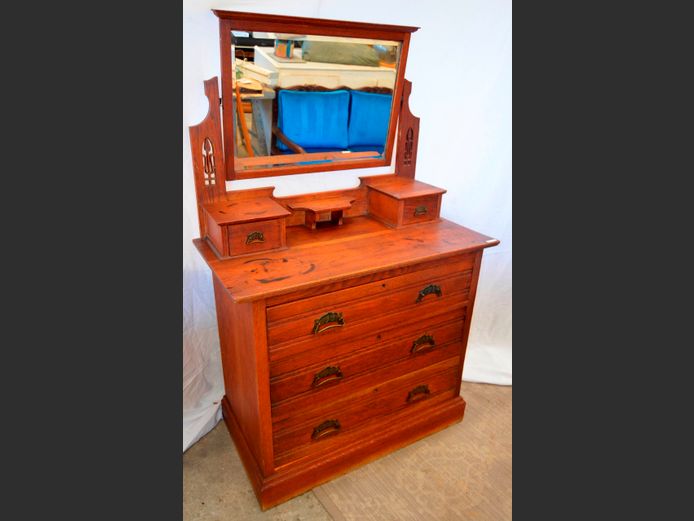 ANTIQUE OAK 2-OVER-3 DRAWER DRESSING CHEST WITH BEVELLED MIRROR, 99 x 51 x 155cm
