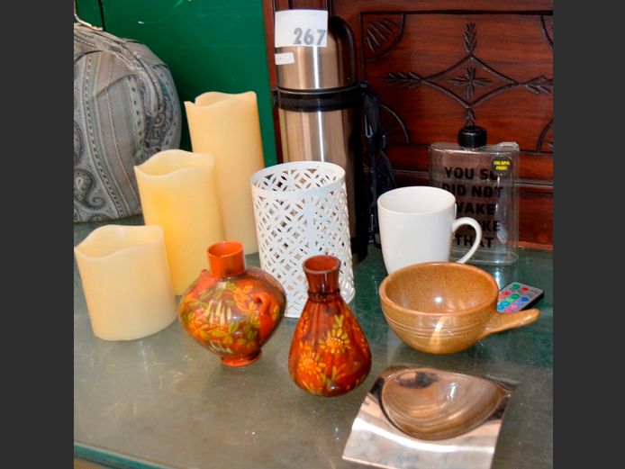 STAINLESS STEEL FLASK, CANDLES, CANDLE HOLDER, etc