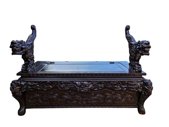 Elaborately Carved Oriental Dragon-Themed Bench