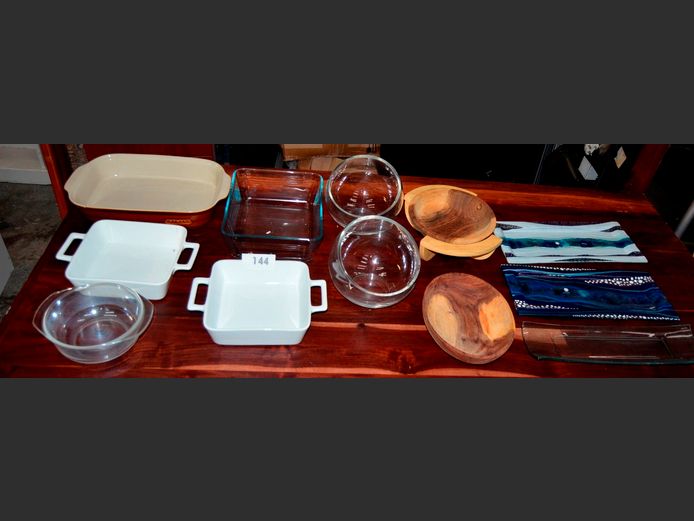 PYREX OVEN DISHES, WOODEN BOWLS, SNACK PLATTERS, etc