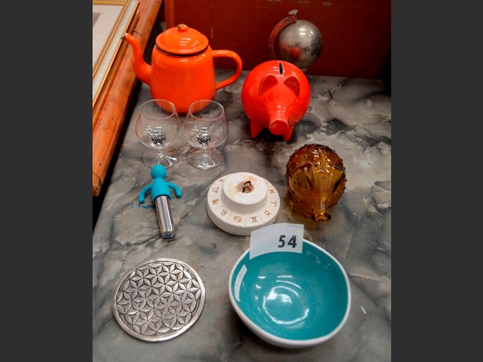 ORANGE ENAMEL COFFEE POT, CERAMIC PIGGY BANK, WORLD GLOBE, etc