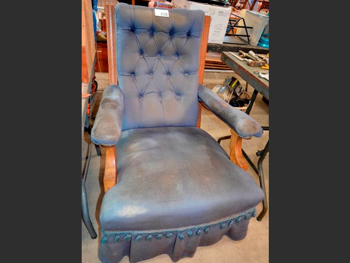 BLUE UPHOLSTERED BUTTON BACK ARMCHAIR [Needs re-covering]