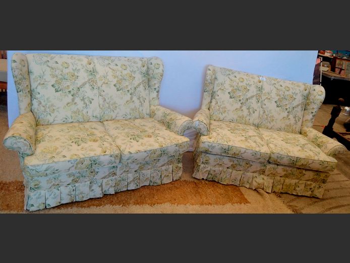 PAIR FLORAL UPHOLSTERED 2-SEATER WINGBACK SOFAS, 150 x 70cm