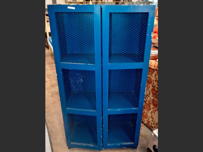 BLUE PAINTED 2-DOOR CHICKEN MESH FRONT CUPBOARD, 70 x 33 x 135cm