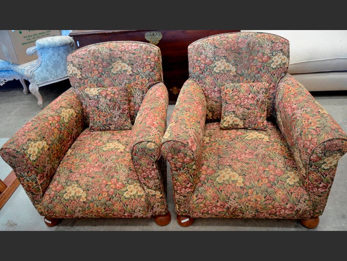 PAIR ANTIQUE FLORAL TAPESTRY UPHOLSTERED ARMCHAIRS