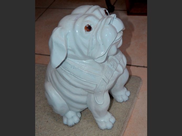 WHITE CERAMIC BULLDOG, 38cm High