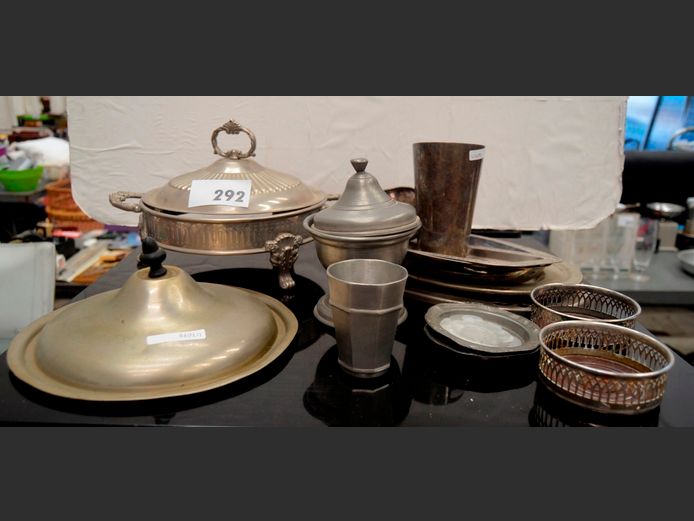 SILVER PLATE SERVING DISH STAND WITH LID [No insert], PAIR PIERCED WINE BOTTLE COASTERS, PEWTER BOWL WITH LID, etc