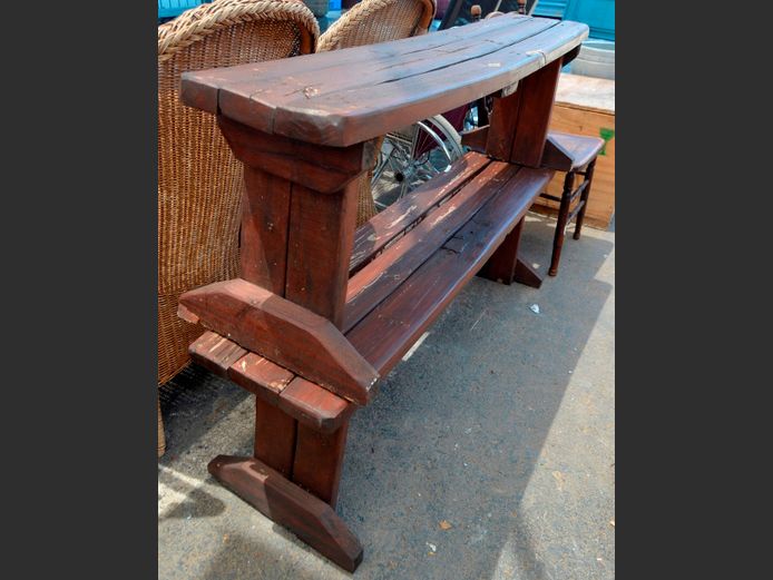 PAIR DARKWOOD PATIO BENCHES, 142 x 28 x 46cm