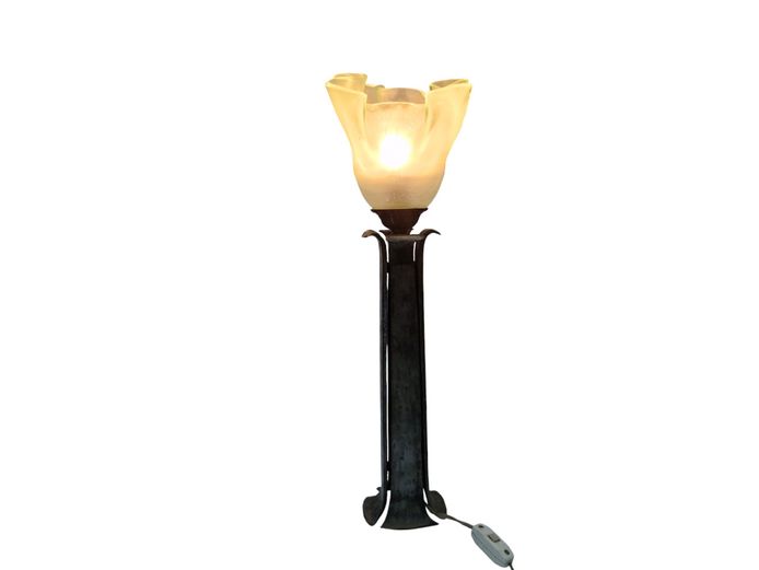 Art Deco Style Wrought Iron Table Lamp with Ruffled Glass Shade