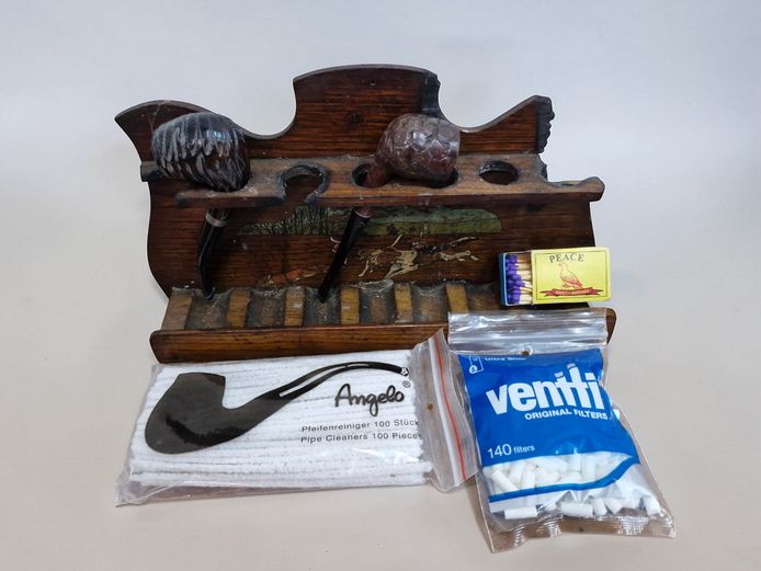 Vintage Wooden Pipe Rack Set with Pipes & Accessories