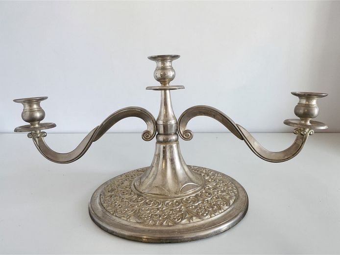 vintage Silver-Toned Metal Three-Arm Table Candelabra