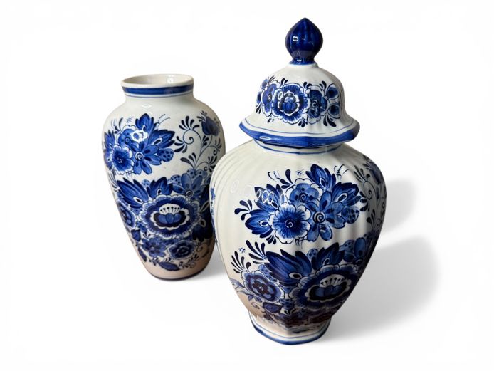 Pair of Blue & White Ceramic Vases (Delft Style) with Lid