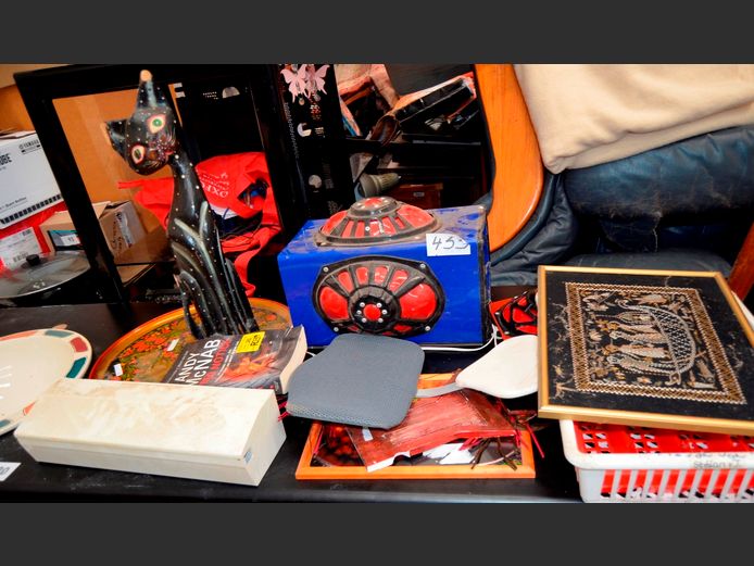 BLUE HANGING LIGHT, RED TRAY, WOODEN CAT, etc