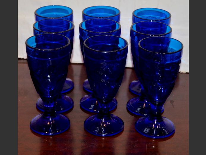 SET OF 9 BLUE GLASS WINE GOBLETS