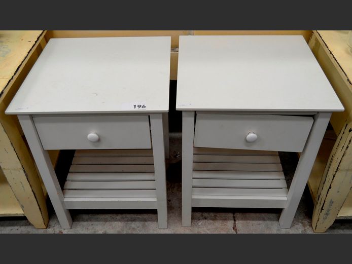 PAIR WHITE PAINTED SINGLE DRAWER BEDSIDE PEDESTALS WITH BOTTOM SHELVES, 45 x 45 x 59cm [Drawer to 1 needs attention]
