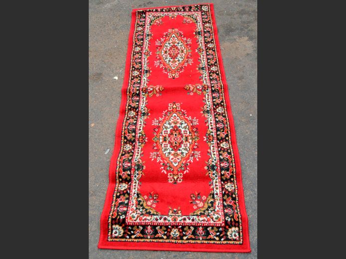 BURGUNDY, BLACK, GREEN & BEIGE PERSIAN STYLE RUNNER, 200 x 67cm