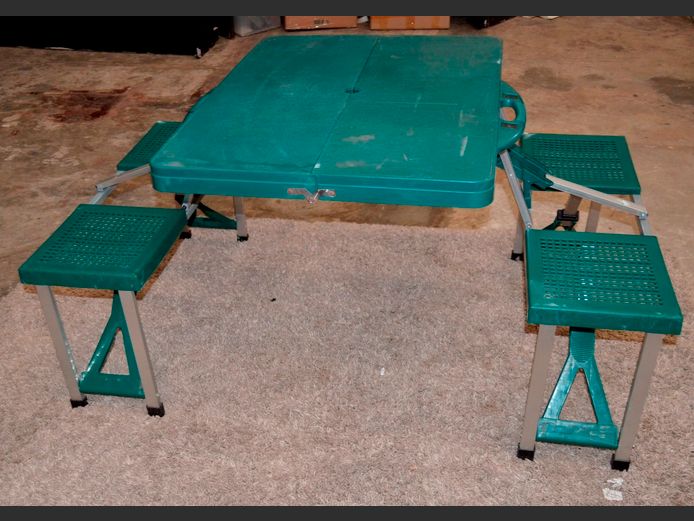 GREEN FOLDING CAMPING TABLE WITH ATTACHED CHAIRS IN CASE