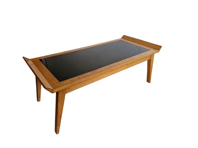 Retro Wood & Black Glass Inlay Coffee Table