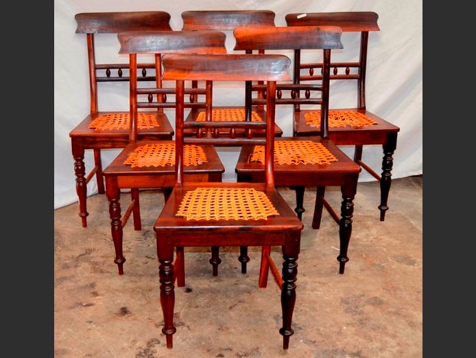 SET OF 6 STINKWOOD & RATTAN DINING CHAIRS [Rattan needs attention on 1 chair]