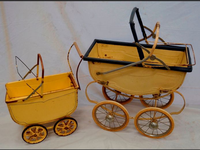 LOT OF 2: VINTAGE YELLOW PAINTED METAL DOLL'S PRAMS, 62 x 31 x 53cm & 44 x 23 x 36cm [Rust in places]