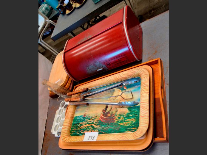 RED METAL BREAD BIN, CHOPPING BOARDS, TRAYS, etc