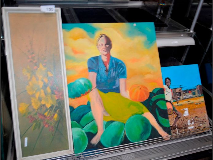 UNFRAMED MIXED MEDIA ON BOARD: "PLAYING SOCCER", 61 x 45cm, "PICKING FRUIT", 76 x 61cm, & ANOTHER, 75 x 24cm