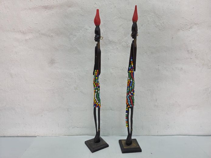Pair of Hand-Carved Wooden Maasai Figurines with Beaded Details