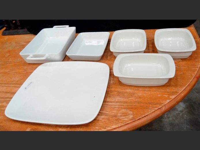 WHITE SERVING DISHES & A PLATTER