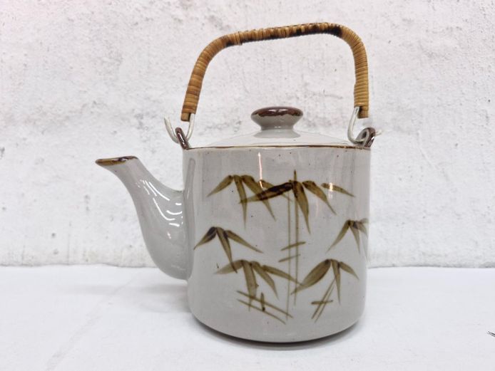 Ceramic Japanese Teapot with Wicker Handle and Bamboo Motif
