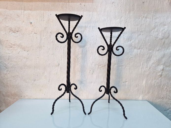 Vintage Spanish Revival Wrought Iron Pillar Candle Holders