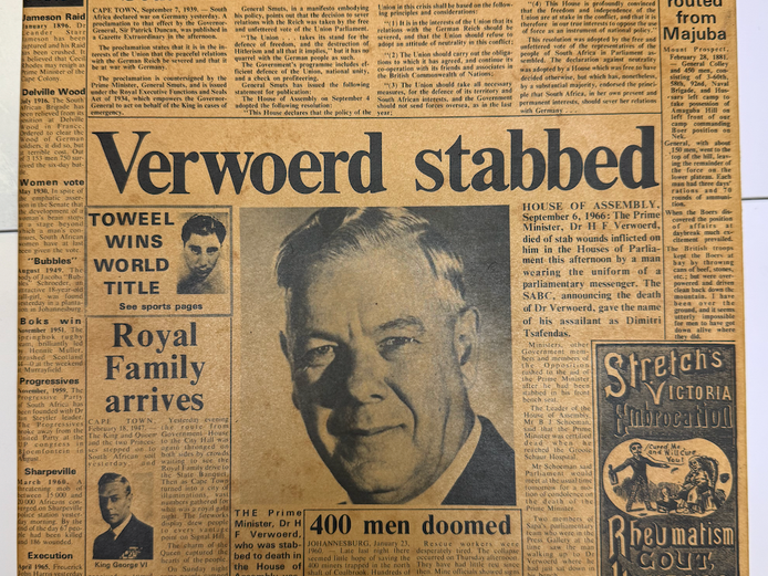 The Newspaper History of South Africa - Verwoerd Stabbed Front Page 