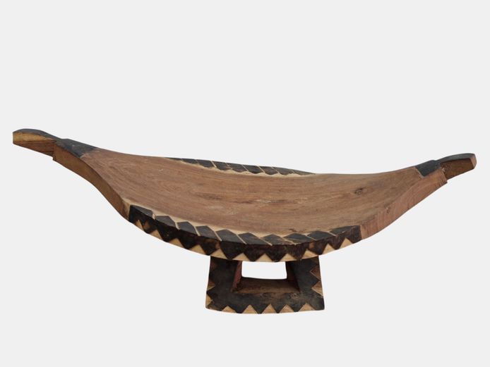 Hand-Carved Wooden Pedestal Bowl with Geometric Carved Rim