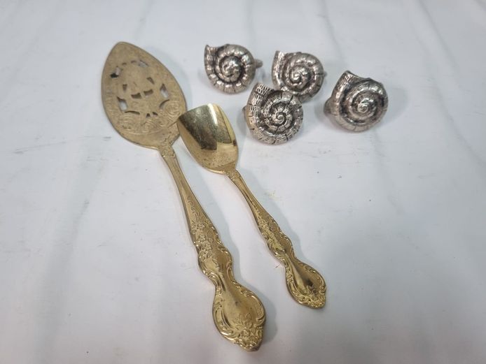 Vintage Brass Server Set with Silver-Tone Shell Napkin Rings