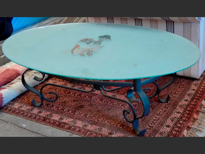 WROUGHT IRON & OVAL FROSTED GLASS TOP COFFEE TABLE, 127 x 81 x 42cm