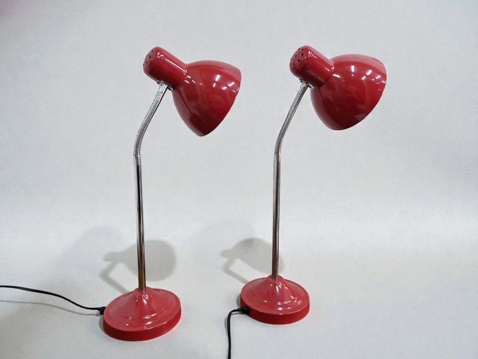 Pair of Red Gooseneck Adjustable Table Lamps