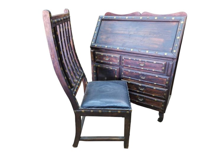 Writing Bureau & Chair with Hammered Metal & Brass Inlay