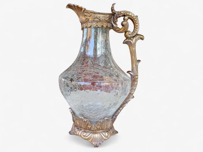 Large Vintage Crackle Glass & Ornate Pitcher