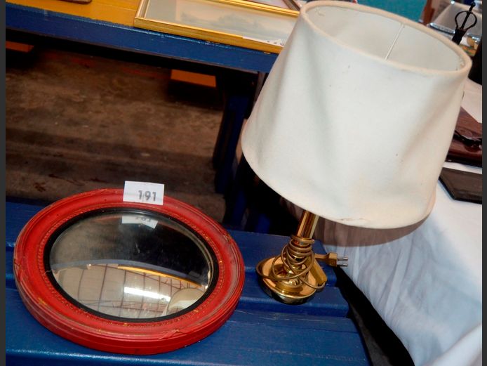 CIRCULAR FISH EYE MIRROR, 34cm, & A BRASS PLATED LAMP WITH SHADE, 41cm High