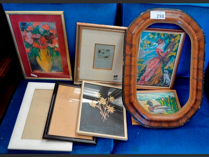 FRAMED BEAD ART, VINTAGE PICTURE FRAME, etc