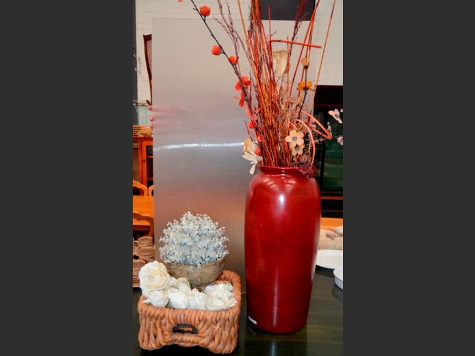 RED CERAMIC VASE, 54cm High, WITH DECORATIVE TWIGS & EVERLASTING FLOWERS IN SMALL WICKER BASKET