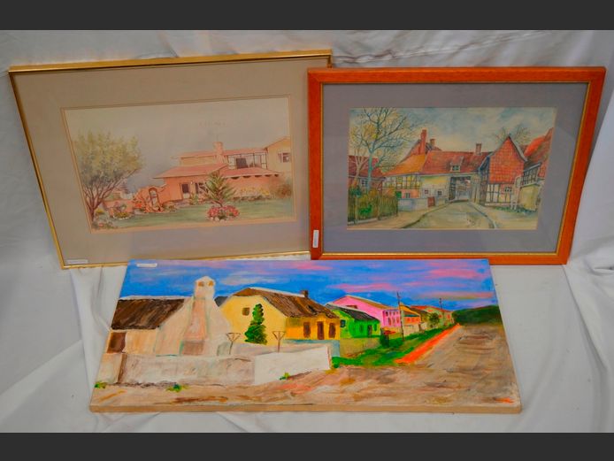 UNFRAMED OIL ON CANVAS "HOUSES" & FRAMED WATERCOLOURS