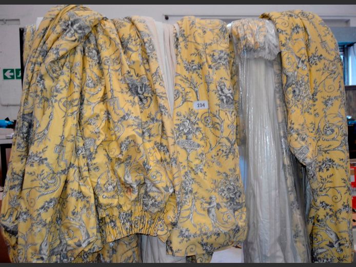 SET OF 6 DROPS YELLOW PATTERNED LARGE LINED CURTAINS