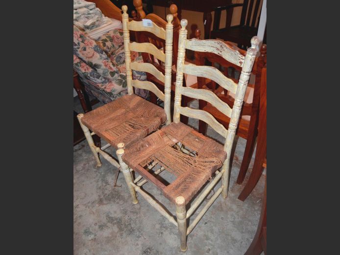 PAIR CREAM PAINTED DINING CHAIRS WITH ROPE SEATS [In need of restoration]