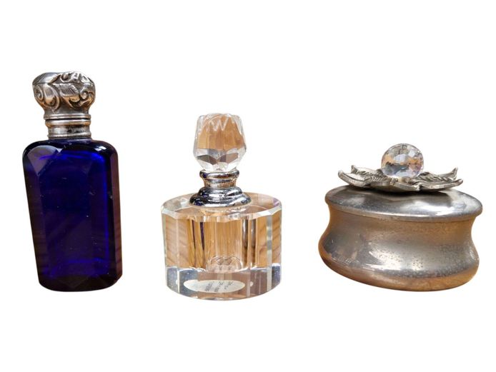 Victorian Era & Cut Crystal Perfume Bottles, Pewter Trinket Jar