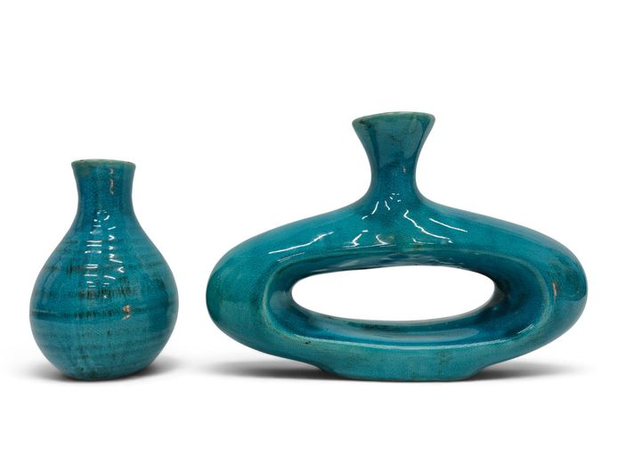 Pair of Contemporary Turquoise Crackle-Glazed Ceramic Art Vessels